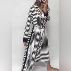 ZARA Midi Stripe Shirt Dress SMALL Long Sleeve Button Down Collar, Waist Tie